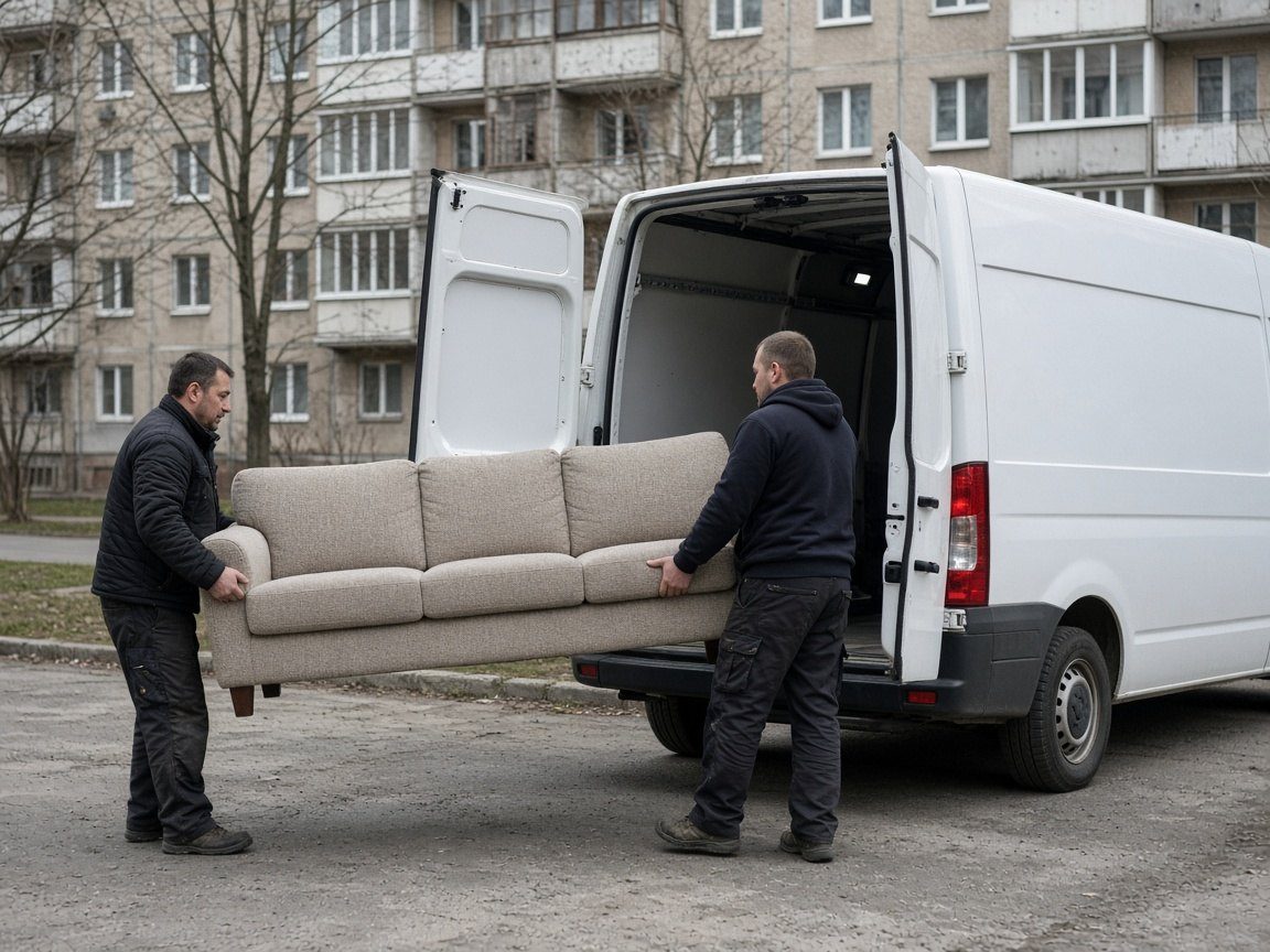 Грузчики заносят диван в бус до 3,5 тонн