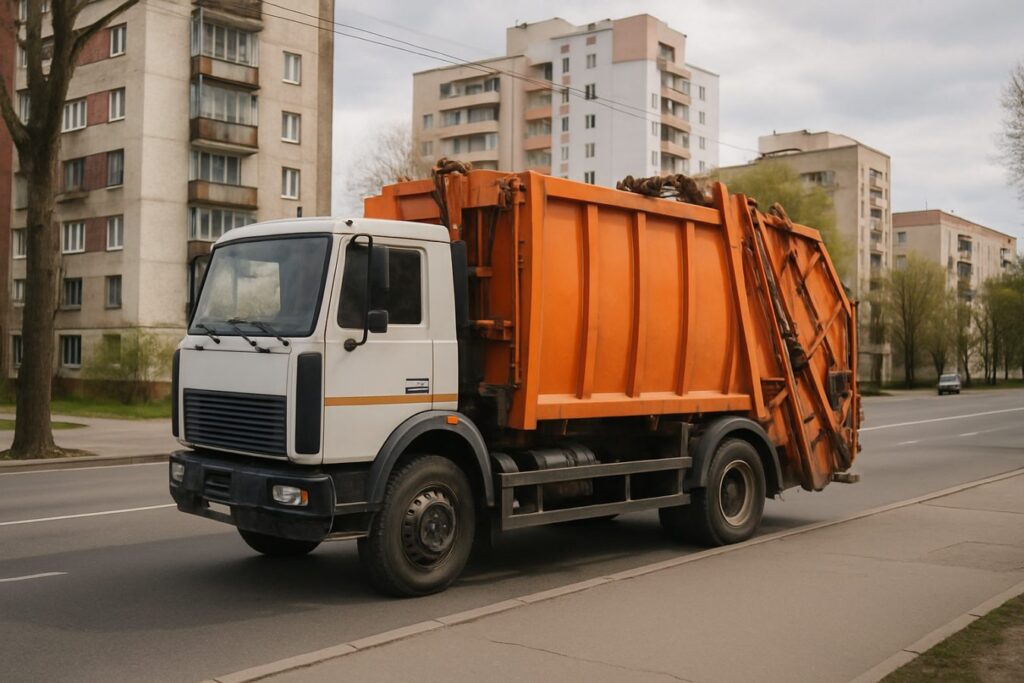 Грузовик для вывоза мусора на улице в гомеле